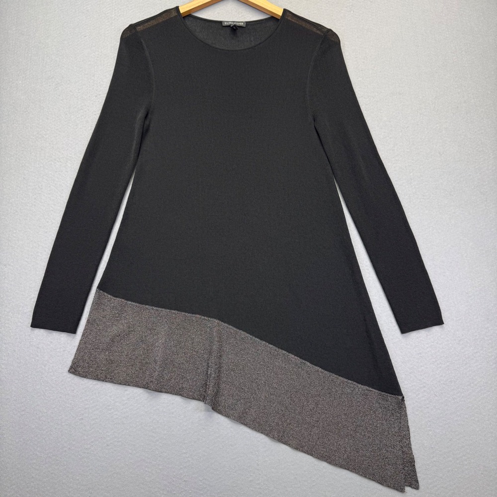 Eileen Fisher Womens XS Black Metallic Asymmetrical Tunic Sweater Long Sleeve